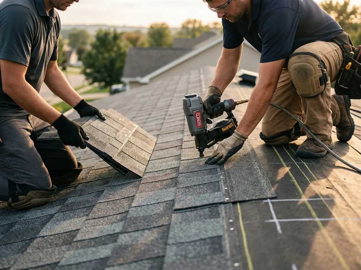 Professional roofer working on a residential roof in Whitpain